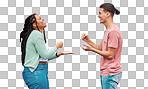 Happy, friends and game with hands of people and wall background for competition, decision and challenge. Rock, paper and scissors with man and black woman playing for funny, smile and strategy