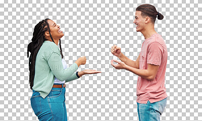 Happy, friends and game with hands of people and wall background for competition, decision and challenge. Rock, paper and scissors with man and black woman playing for funny, smile and strategy