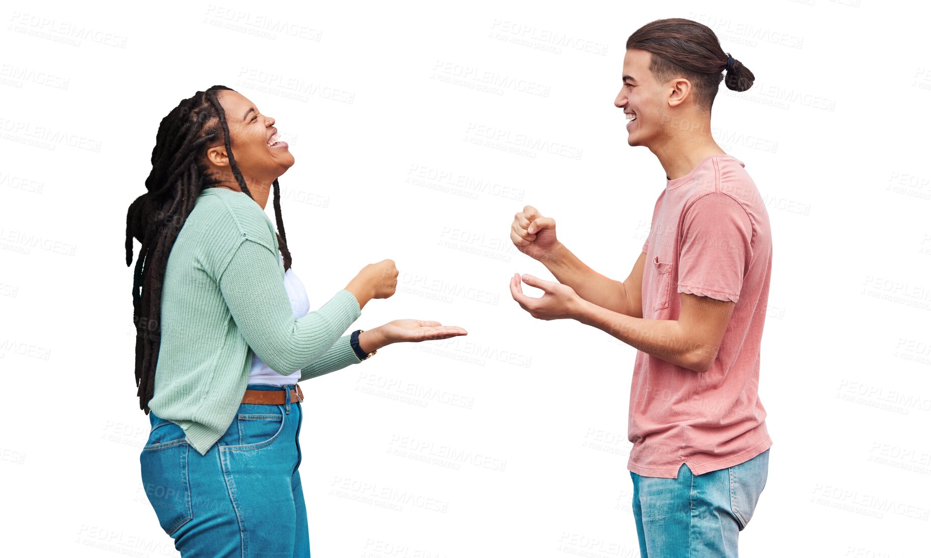 Buy stock photo Happy, friends and game with rock, paper and scissors by hand for winner by play, strategy or challenge. Interracial couple, laugh and together on isolated or a transparent png background for fun


