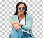 Black woman, sunglasses and portrait by wall background in city with fashion, summer and beauty. Young gen z, african student girl and outdoor for travel, urban adventure and aesthetic with clothes