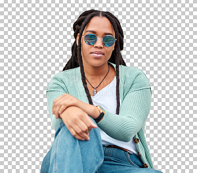 Black woman, sunglasses and portrait by wall background in city with fashion, summer and beauty. Young gen z, african student girl and outdoor for travel, urban adventure and aesthetic with clothes
