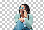 Black woman, phone call and sunglasses by wall in city, happy and smile with fashion in summer. Young gen z, african student girl or smartphone for travel, urban adventure or aesthetic with happiness