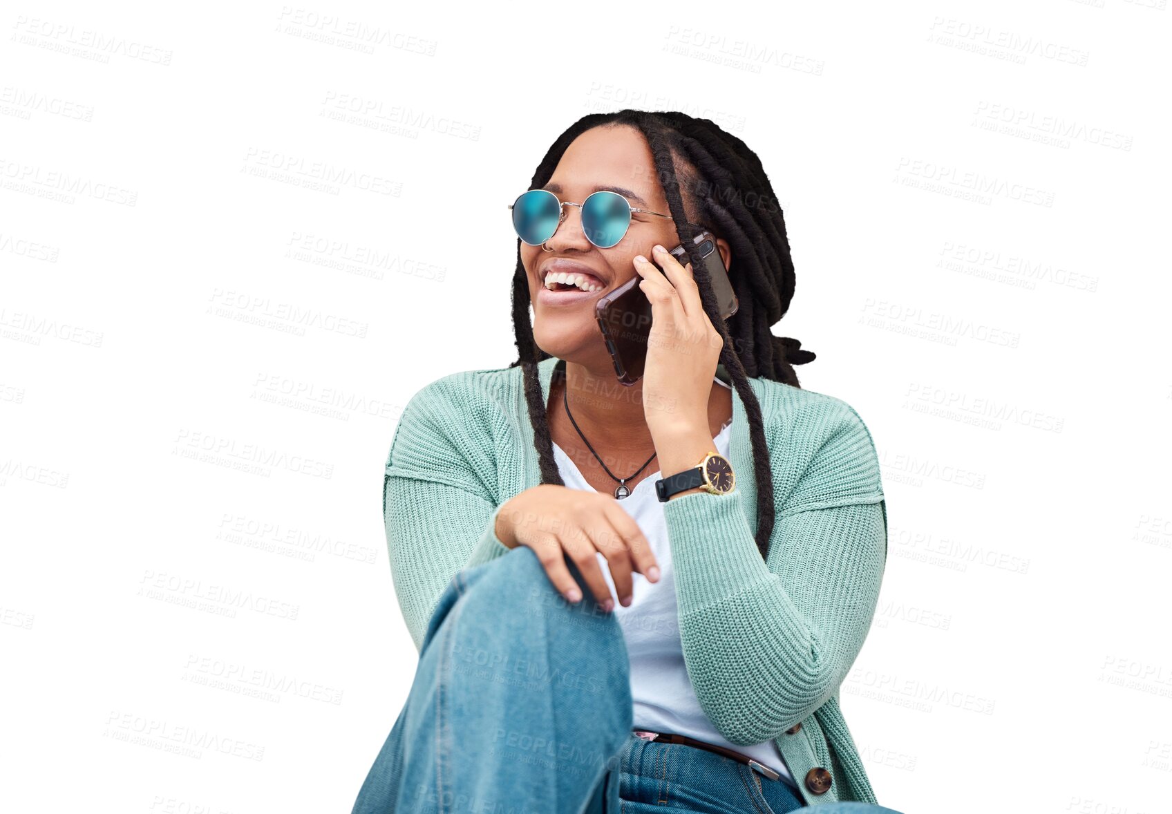 Buy stock photo Black woman, phone call and sunglasses for communication and laughing online. Young gen z, African student girl or mobile for conversation and isolated on a transparent png background on technology