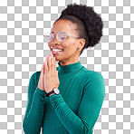Prayer, thank you and black woman in studio happy, relief and grateful against red background. Blessing, gratitude and African female smile for good news, outcome or results, solution or answer