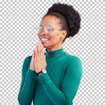 Buy stock photo Woman, prayer and gratitude with smile, faith and thanksgiving with praying, grace and worship. African girl, grateful and peace with good news, blessing and isolated on transparent png background