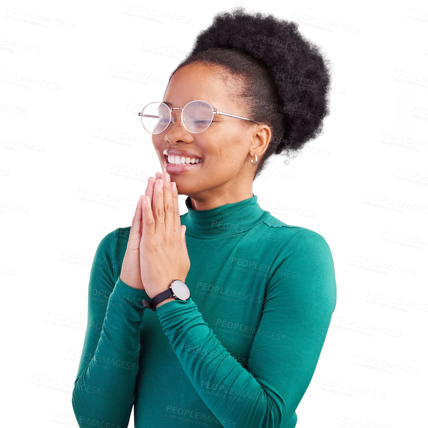 Buy stock photo Woman, prayer and gratitude with smile, faith and thanksgiving with praying, grace and worship. African girl, grateful and peace with good news, blessing and isolated on transparent png background