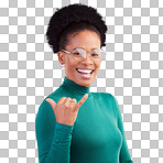 Portrait, excited and black woman with call me hand in studio isolated on a red background with glasses. Face, happy and African person with shaka gesture, emoji sign and phone for communication 