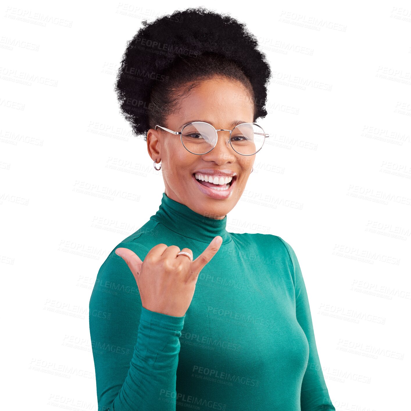 Buy stock photo Black woman, portrait, and smile with glasses, hand gesture and isolated on a transparent png background. Face, happy person and thank you sign for communication, great or emoji for social media