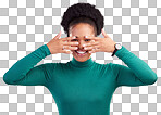 Hands, cover face and woman in studio with hiding and eyes peak with a smile. African female person, red background and happy with secret and model from Chicago with secret announcement and portrait