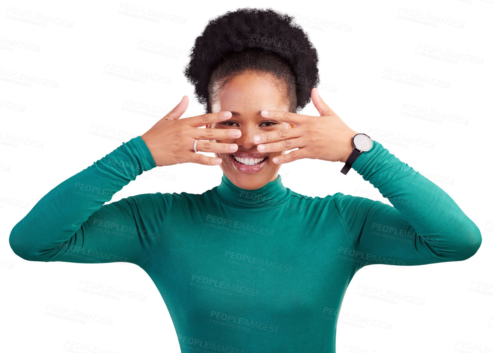 Buy stock photo Hands, cover face and a black woman with hiding and eyes peak with a smile. African female person, model and happy with portrait and scared from gossip isolated on a transparent png background