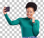 Selfie, smile and black woman in studio for profile picture, post or message on red background. Happy, photo and African female with phone for social media, dating app or online communication update