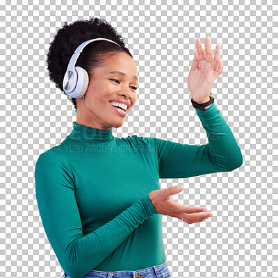 Happy, dance and black woman with music headphones in studio, freedom and good mood on red background. Podcast, radio and African female with earphone streaming, dancing and celebrating vibes