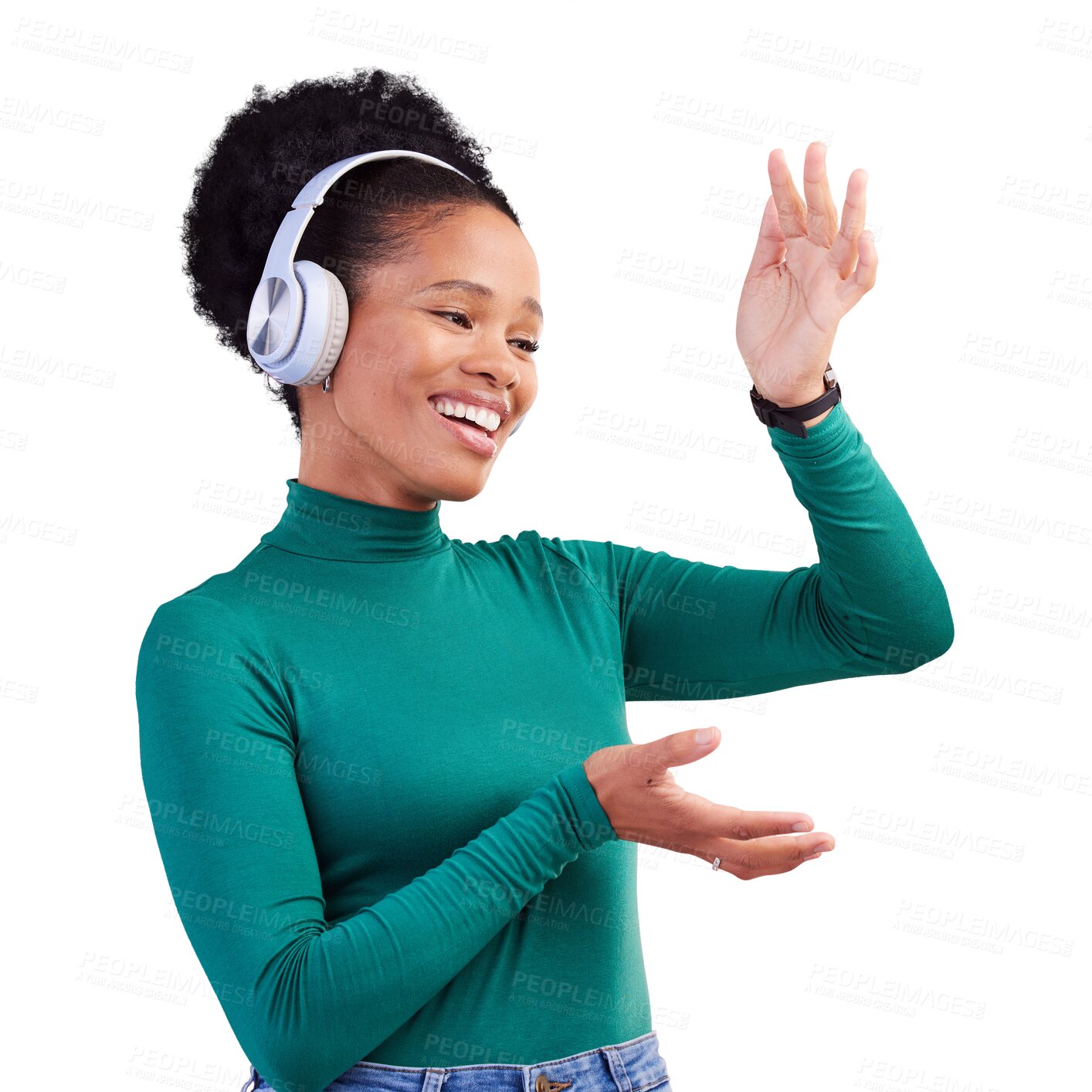 Buy stock photo Headphones, smile and young black woman singing and listening to music, playlist or radio. Happy, dance and African female model streaming a song or album isolated by transparent png background.