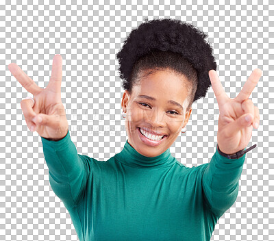 Buy stock photo Happy, face and black woman with peace hands for thank you, vote or feedback on png transparent background. V, sign and portrait of person with good vibes, smile and freedom, support or self love