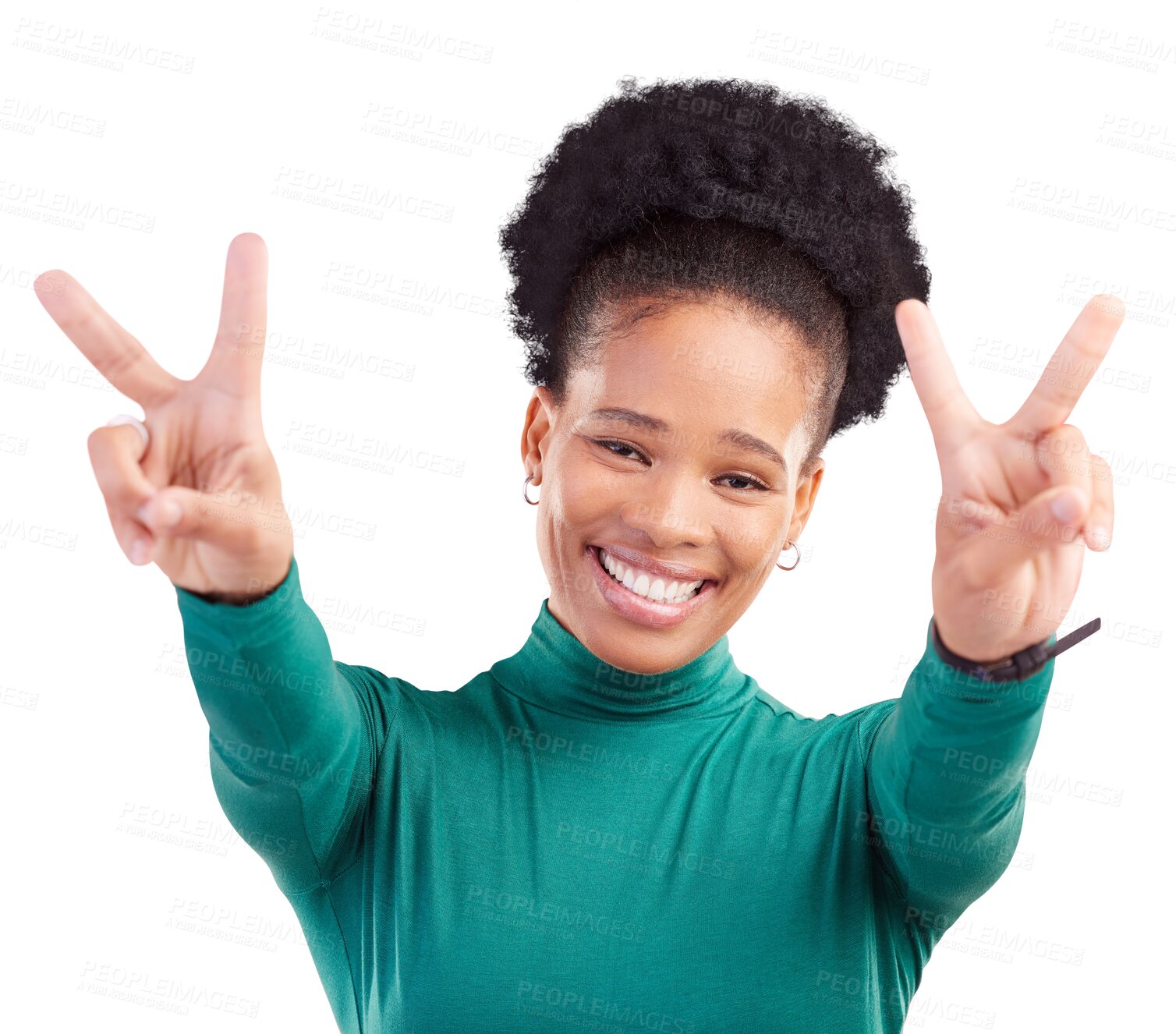 Buy stock photo Happy, face and black woman with peace hands for thank you, vote or feedback on png transparent background. V, sign and portrait of person with good vibes, smile and freedom, support or self love