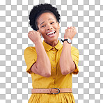 Celebration, fist and happy black woman in studio for news, deal or success on blue background. Wow, hand and excited lady winner smile for sale, discount or coming soon promo, announcement or deal