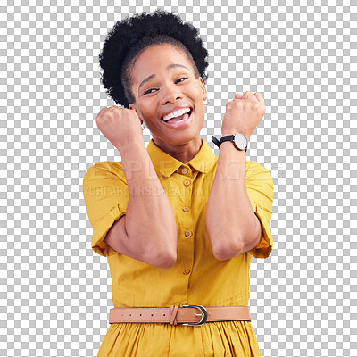 Buy stock photo Woman, hands up and fist with excited for success, deal and announcement in celebration. Happy, black person and isolated on a transparent png background with smile for fashion, sale or giveaway
