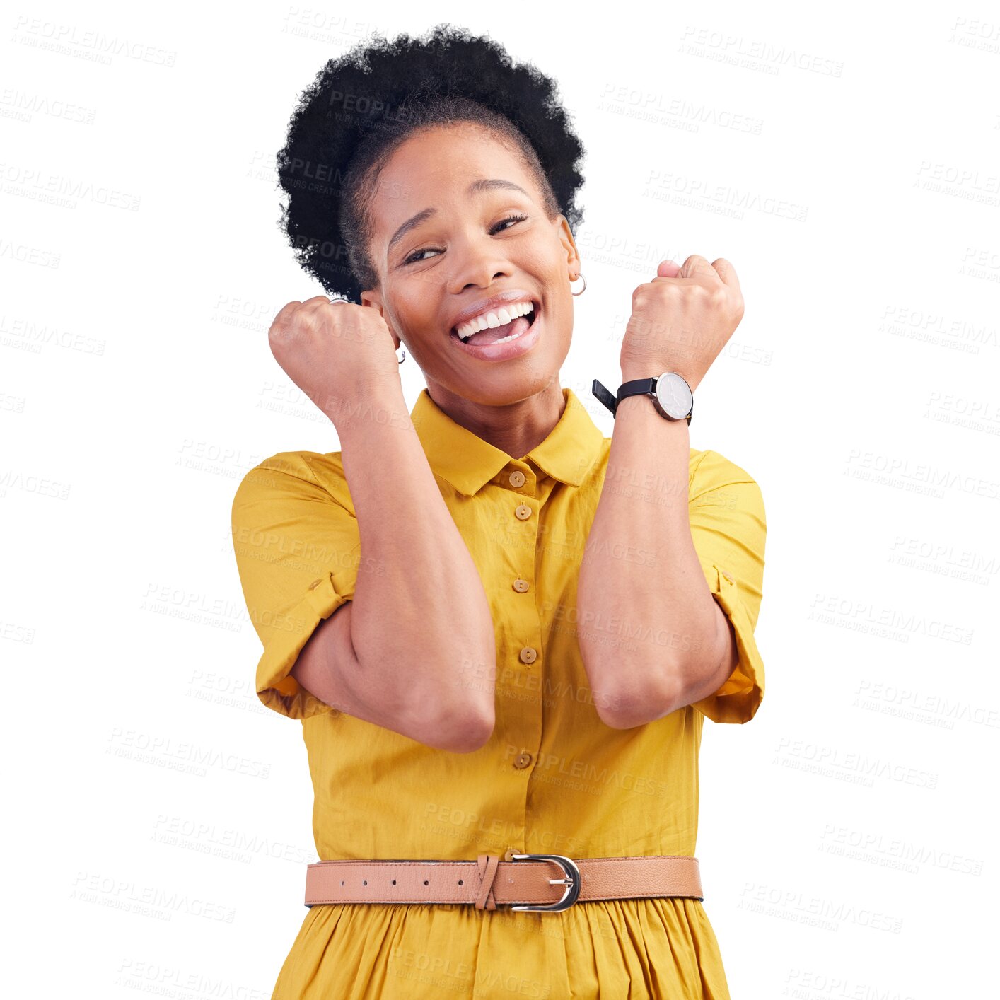 Buy stock photo Woman, hands up and fist with excited for success, deal and announcement in celebration. Happy, black person and isolated on a transparent png background with smile for fashion, sale or giveaway
