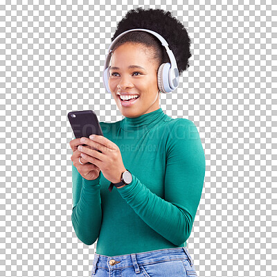 Happy woman, phone and listening to music on headphones against a red studio background. African female person smile with headset in audio streaming, entertainment or sound track on mobile smartphone