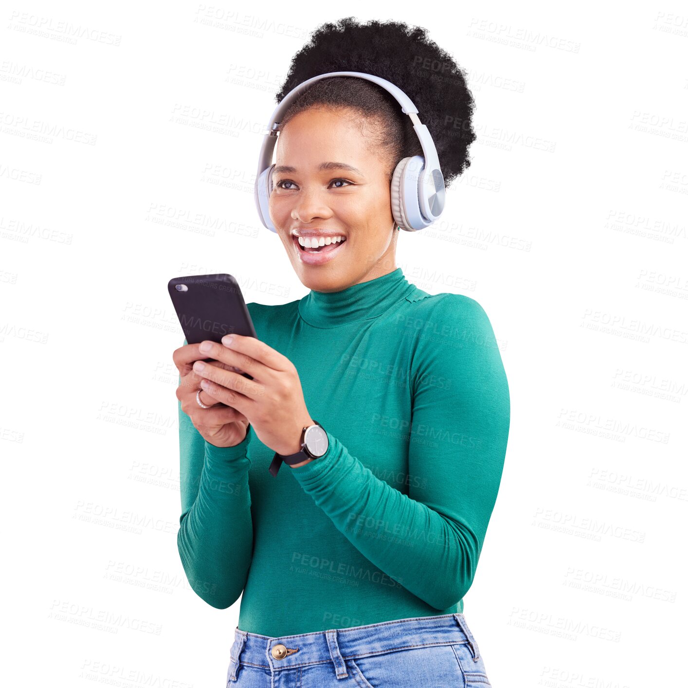 Buy stock photo Headphones, happy and young black woman on a phone and listening to music, playlist or radio. Smile, cellphone and African female model streaming song or album isolated by transparent png background.