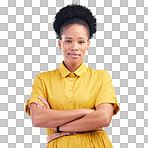 Arms crossed, portrait and a black woman in studio with fashion, confidence and a positive mindset. Pride, smile and african female model person in casual clothes on a blue background for motivation