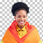 Pride, flag and portrait of black woman in studio for gay, rights and lgbtq lifestyle on blue background. Rainbow, freedom and face of lesbian African female happy, smile and confident with sexuality