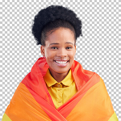 Buy stock photo Pride, flag and portrait of black woman with lgbt, gay or human rights on isolated, transparent or png background. Rainbow, freedom and African lesbian female with smile and confident in empowerment