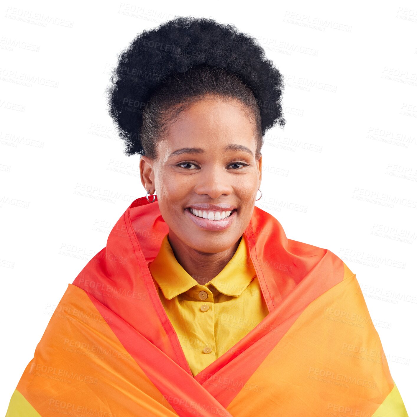 Buy stock photo Pride, flag and portrait of black woman with lgbt, gay or human rights on isolated, transparent or png background. Rainbow, freedom and African lesbian female with smile and confident in empowerment