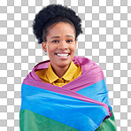 African woman, pride flag and studio portrait for smile, support or inclusion for lgbtq by blue background. Lesbian girl, rainbow fabric or happy in solidarity, protest or sexual freedom for equality