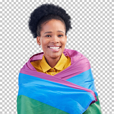Buy stock photo Pride, flag and black woman in portrait for lgbt, gay or human rights on isolated, transparent or png background. Rainbow, freedom and African lesbian female with smile and confident in sexuality
