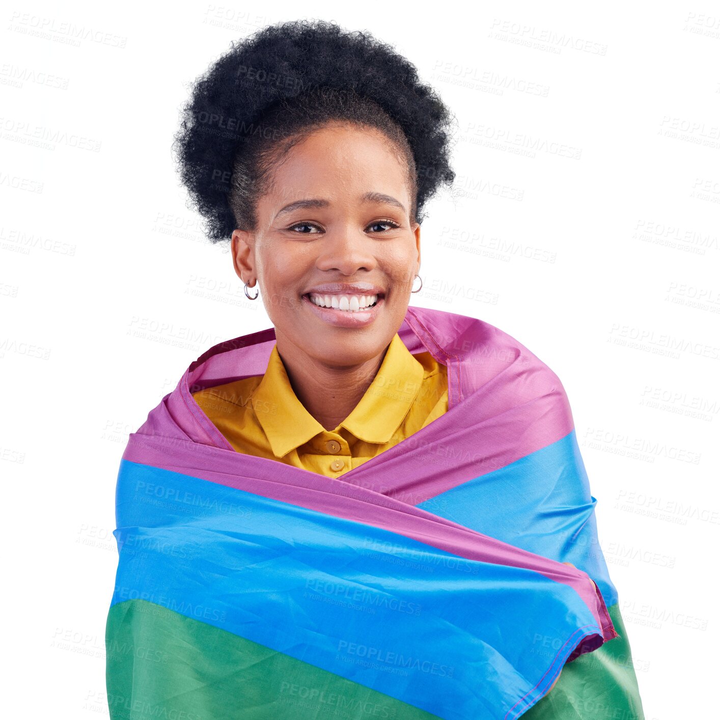 Buy stock photo Pride, flag and black woman in portrait for lgbt, gay or human rights on isolated, transparent or png background. Rainbow, freedom and African lesbian female with smile and confident in sexuality