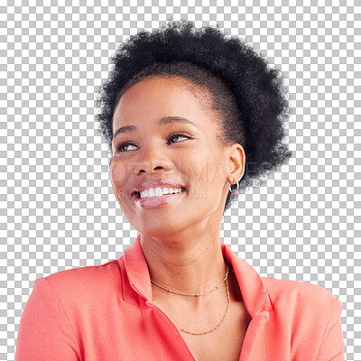 Buy stock photo Black woman, thinking, and happy with smile isolated on a transparent png background and ideas for corporate job and business. Face, professional and future as employee with pride, vision and goal