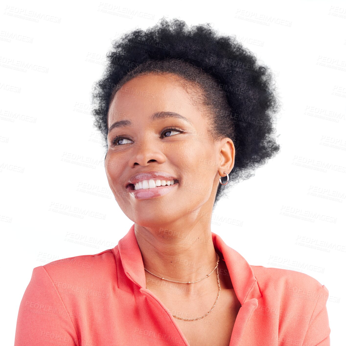 Buy stock photo Black woman, thinking, and happy with smile isolated on a transparent png background and ideas for corporate job and business. Face, professional and future as employee with pride, vision and goal