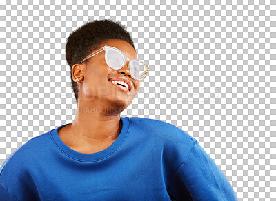 Buy stock photo Happy black woman, fashion and glasses for vision or sight isolated on a transparent PNG background. Face of African female person, gen z or model smile in happiness or satisfaction for casual style