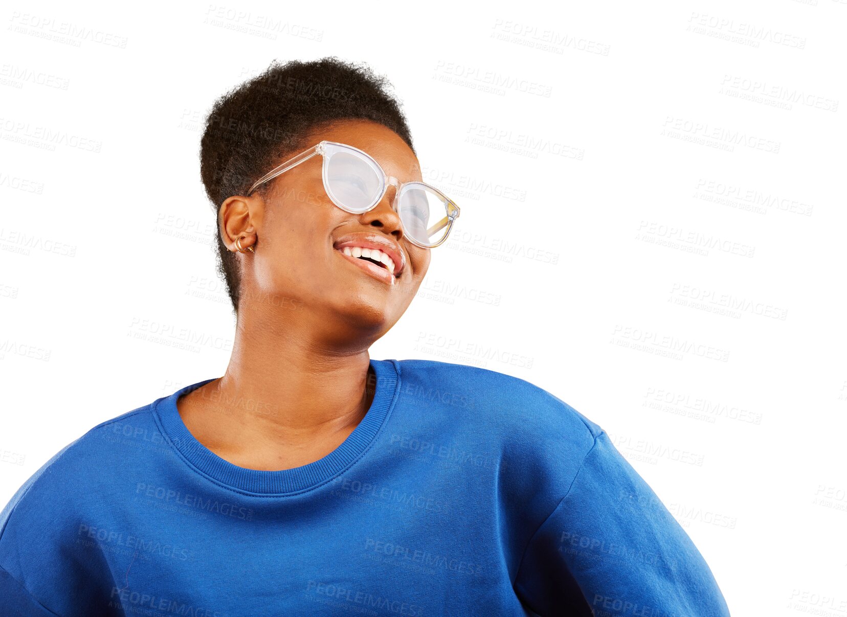 Buy stock photo Happy black woman, fashion and glasses for vision or sight isolated on a transparent PNG background. Face of African female person, gen z or model smile in happiness or satisfaction for casual style