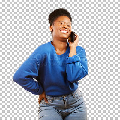 Buy stock photo Phone call, laughing and black woman for conversation or communication. Funny, talking and African girl with goofy, gossip or conversation isolated on a transparent png background for discussion