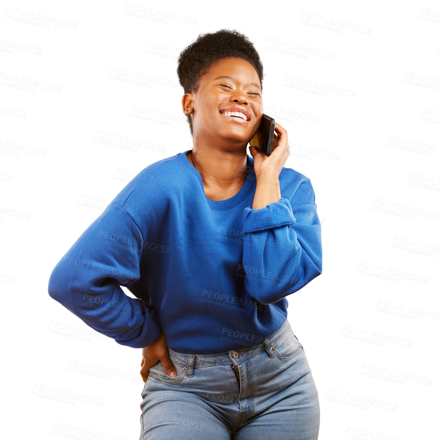Buy stock photo Phone call, laughing and black woman for conversation or communication. Funny, talking and African girl with goofy, gossip or conversation isolated on a transparent png background for discussion
