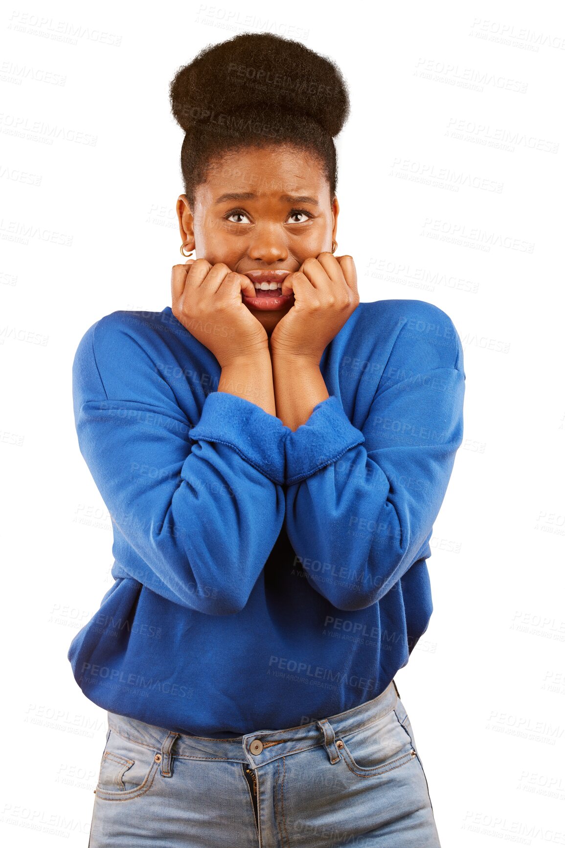 Buy stock photo Woman, anxiety and fear for scary, bad news or university result, biting nails isolated on transparent png background. Young african person or student with stress, horror or worry for college mistake