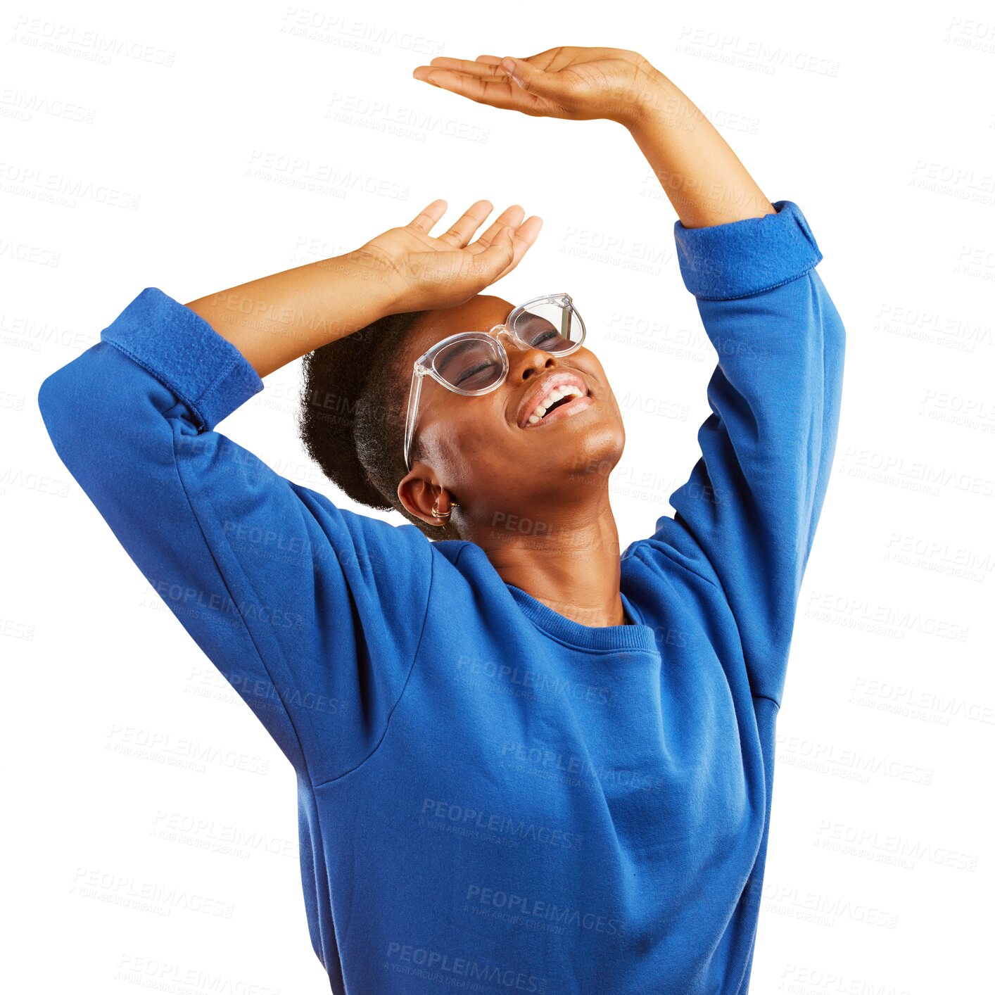 Buy stock photo Happy black woman, fashion and freedom in relax or stylish clothing isolated on a transparent PNG background. Calm African female person or model smile in dance or happiness with carefree expression