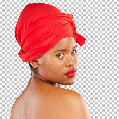 Woman, portrait and hair scarf with natural beauty, makeup and haircare in studio. Brown background, African female person and cosmetics of a model with head wrap for culture with skincare glow