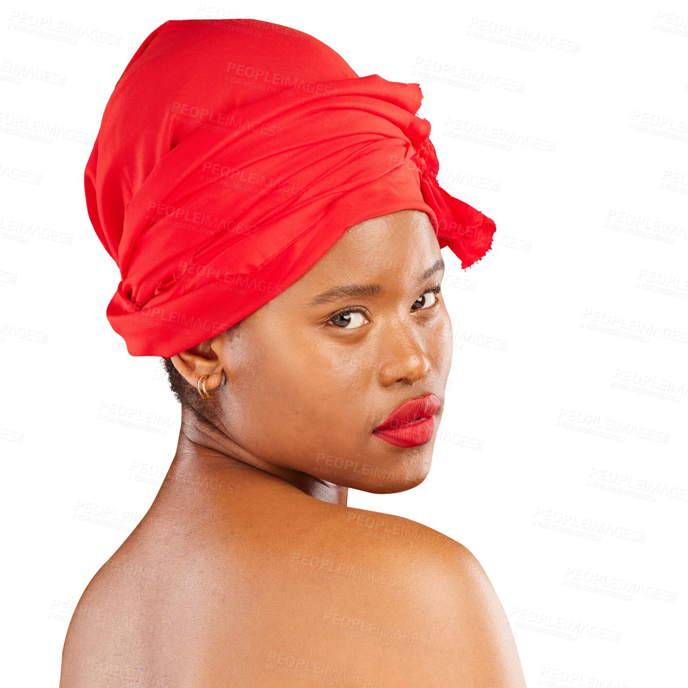 Buy stock photo Black woman, portrait and turban with makeup for beauty, red lipstick and isolated on transparent png background. Serious African person in head wrap, face or cosmetic for skincare, health or fashion