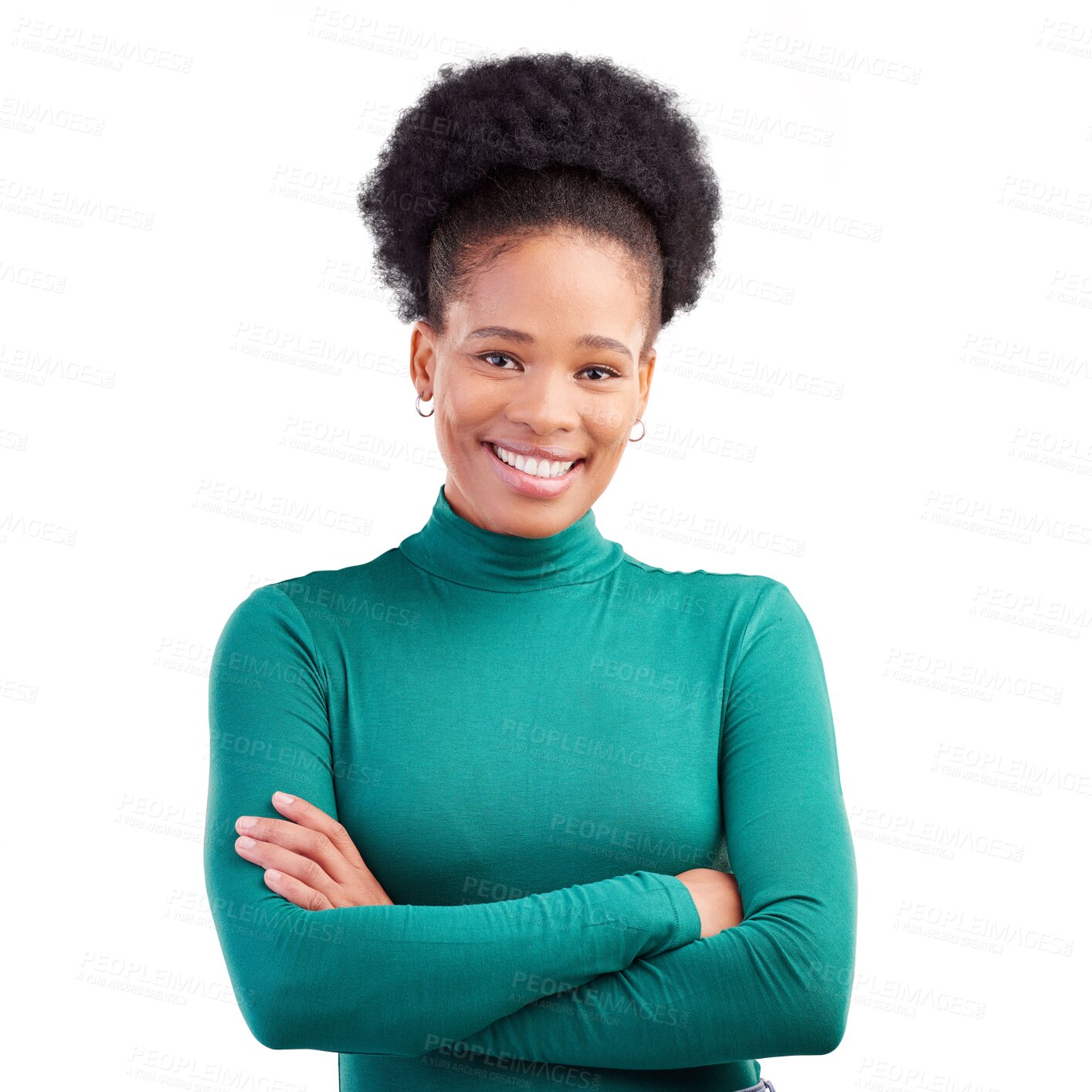 Buy stock photo Isolated African woman, arms crossed or portrait with smile for leadership by transparent png background. Happy entrepreneur, small business owner or confident in trendy clothes for fashion in Kenya