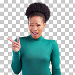 Pointing, confused and a black woman on a red background for showing, angry or frustrated. Thinking, fail and an African girl with a hand gesture on a backdrop for crazy reaction, mistake or goofy