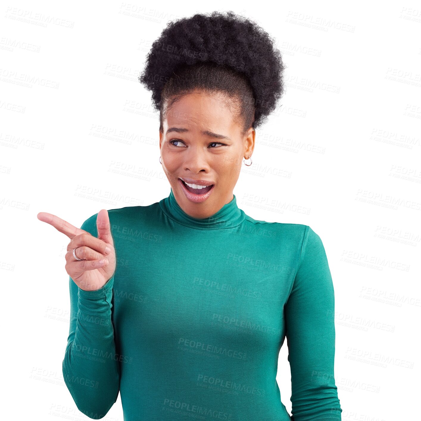 Buy stock photo Black woman, confused and pointing in mistake, thinking or reaction isolated on a transparent PNG background. Face of African female person or model with hand in fail, silly or goofy expression