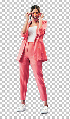 Stylish, happy and portrait of a woman with fashion aesthetic isolated on a transparent png background. Smile, trendy and a young girl or model with sunglasses, gen z clothes and excited eyewear