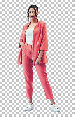 Buy stock photo Face, woman and fashion with suit and makeup for thinking, ideas or aesthetic on a png transparent background. Person, portrait and trendy outfit or clothes for creative style and hand in pocket