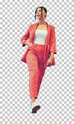 Fashion, walk and woman in suit isolated on transparent png background, creative and confident in style. Casual professional, body and girl in trendy designer clothes for model on business runway.