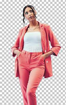 Woman, fashion and face with suit and makeup for thinking, ideas or aesthetic on a png transparent background. Person, confidence and trendy outfit or clothes for creative style and hands in pocket