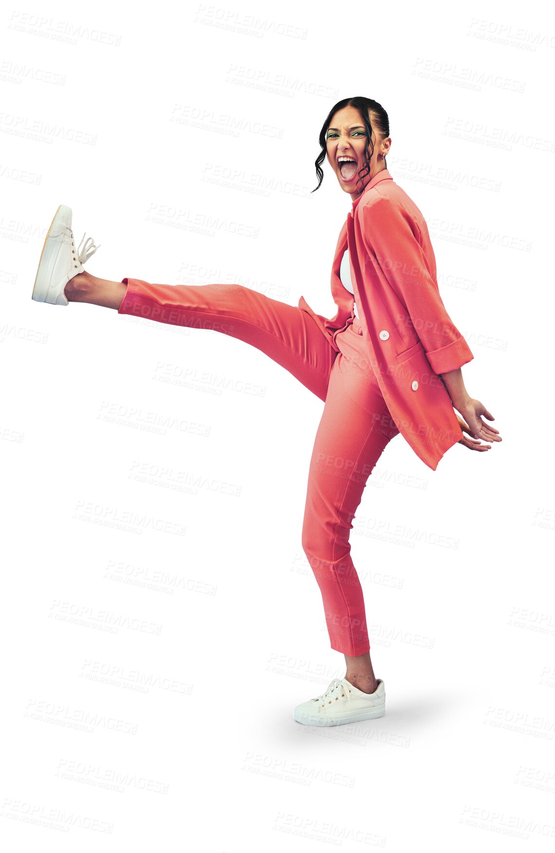 Buy stock photo Portrait, fashion and kick with a crazy girl isolated on transparent background for energy while shouting. Freedom, strong or empowerment and a happy young person looking excited on PNG with a smile