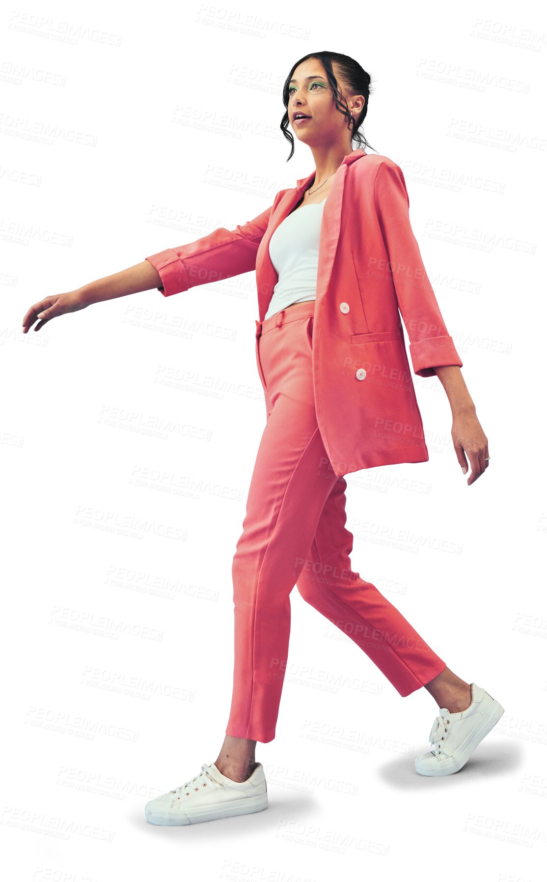 Buy stock photo Fashion, walking and woman in suit isolated on transparent png background, creative beauty and confident in style. Casual professional, body and girl in trendy designer clothes for model in business.
